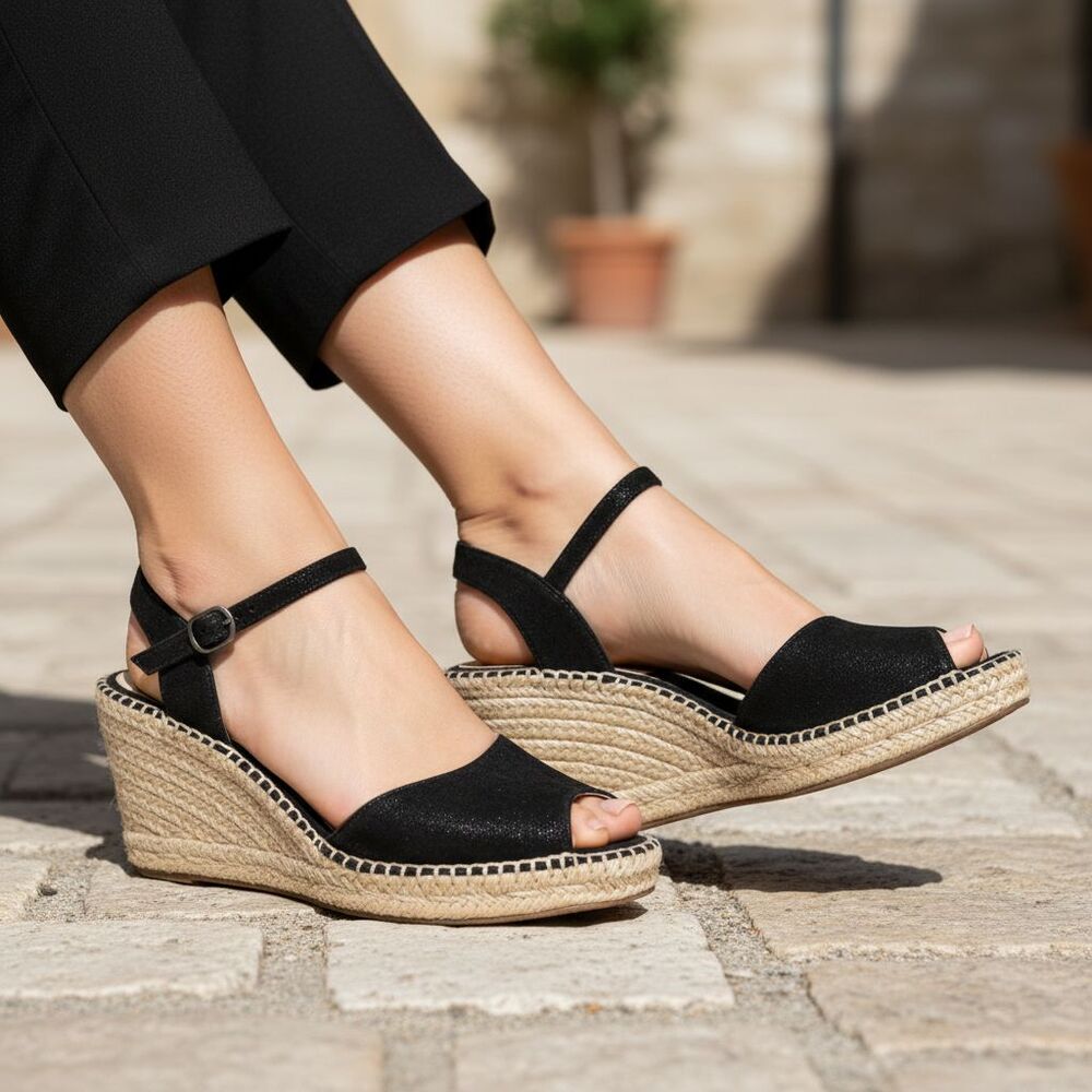 Abeo BIO System Dahlia Espadrille Wedge Sandals 9N Orthopedic Black Leather